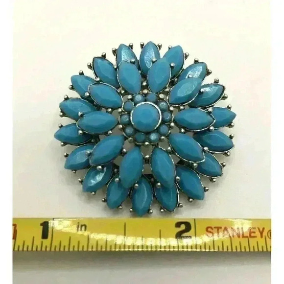 Round Starburst Pendant Silver Tone Faux Turquoise Western Southwestern Boho - Picture 1 of 8